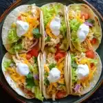 Freezer chicken tacos - the image shows four tacos arranged in a circular pattern on a green plate. the tacos are filled with shredded chicken, shredded cheese, diced tomatoes, red onions, and cilantro. each taco is topped with a dollop of sour cream. the plate is sitting on a dark textured surface.
