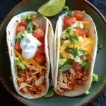 Freezer chicken tacos - the image shows two tacos on a green plate. the tacos are filled with shredded chicken, diced tomatoes, shredded cheese, and cilantro. there is a dollop of sour cream on top of the tacos. a lime wedge is placed on the side of the plate, and a yellow napkin is visible in the background. the plate is sitting on a black countertop.