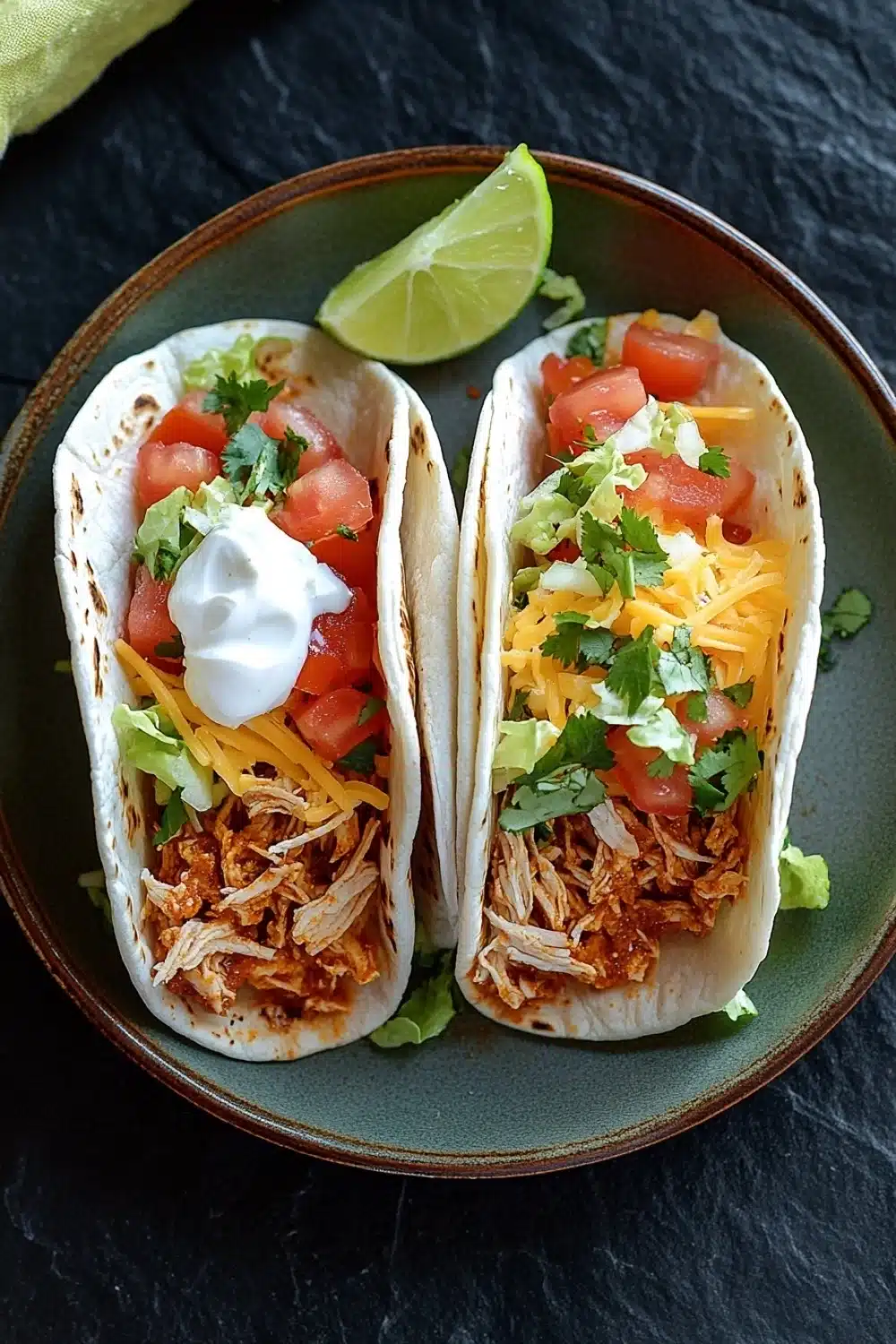 Freezer chicken tacos - the image shows two tacos on a green plate. the tacos are filled with shredded chicken, diced tomatoes, shredded cheese, and cilantro. there is a dollop of sour cream on top of the tacos. a lime wedge is placed on the side of the plate, and a yellow napkin is visible in the background. the plate is sitting on a black countertop.