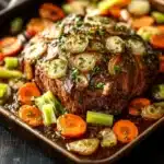 French roast beef slow cooker - the image shows a large rectangular baking dish filled with a dish of cooked meat. the meat appears to be a roast beef, with a dark brown color and a shiny texture. it is garnished with chopped herbs and sliced carrots and celery. the dish is served on a dark wooden table with a white cloth napkin on the side. the vegetables are arranged in a circular pattern around the meat, with some overlapping each other. the overall appearance of the dish is savory and appetizing.