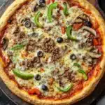Frozen deep dish pizza - the image is of a large pizza on a wooden cutting board. the pizza is round and has a golden brown crust. it is topped with melted cheese, sliced mushrooms, green bell peppers, and black olives. the toppings are arranged in a circular pattern on top of the cheese. the background is a dark grey countertop with a white napkin on the right side.