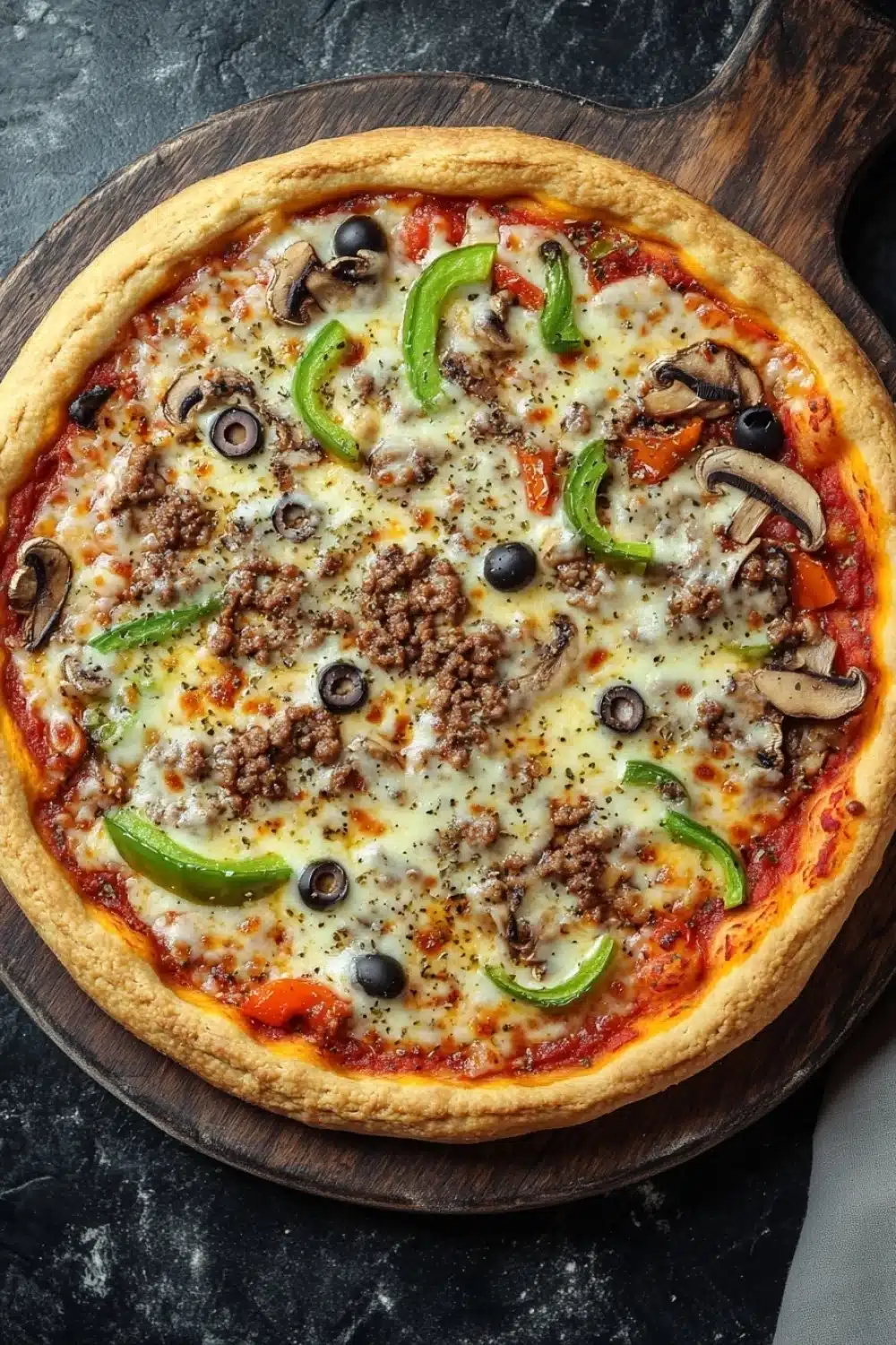 Frozen deep dish pizza - the image is of a large pizza on a wooden cutting board. the pizza is round and has a golden brown crust. it is topped with melted cheese, sliced mushrooms, green bell peppers, and black olives. the toppings are arranged in a circular pattern on top of the cheese. the background is a dark grey countertop with a white napkin on the right side.