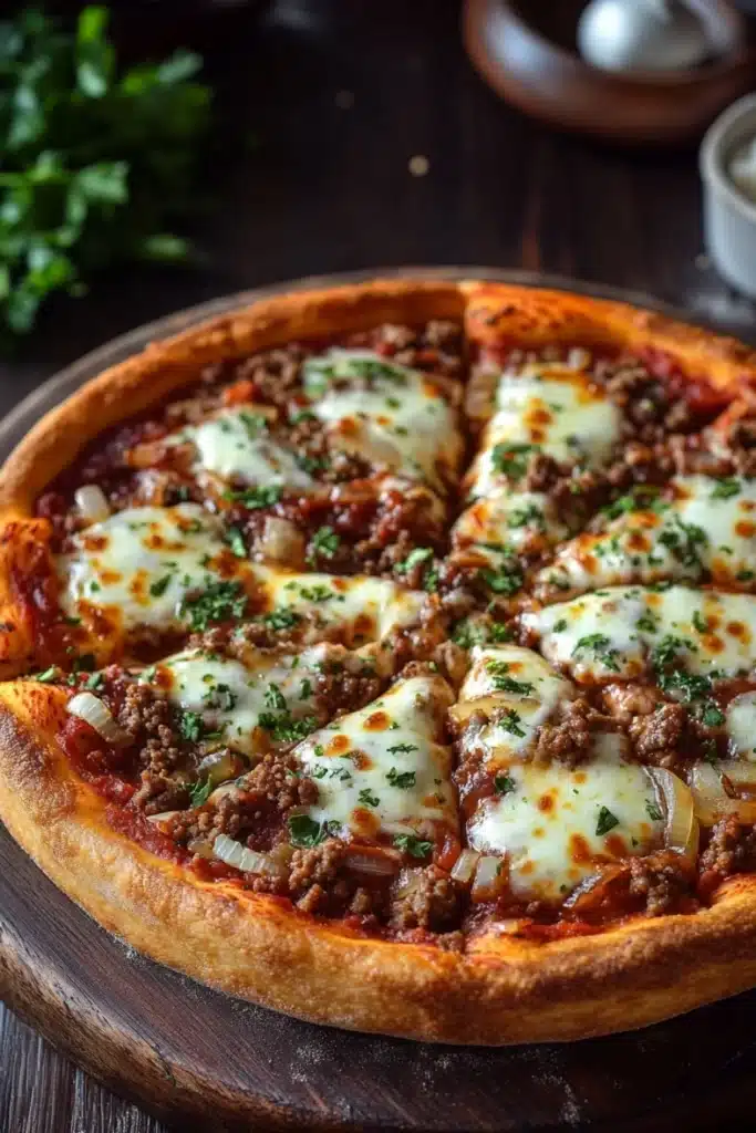 Frozen deep dish pizza - the image is of a freshly baked pizza on a wooden cutting board. the pizza has a golden brown crust and is topped with melted cheese and chunks of ground beef. the cheese is melted and bubbly, and there are small chunks of red sauce scattered throughout the pizza. on the right side of the image, there is a small bowl of sour cream and a sprig of parsley. the background is blurred, but it appears to be a kitchen countertop.