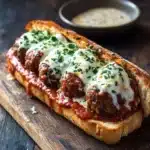 Garlic bread meatball subs - the image shows a wooden cutting board with a slice of bread on it. on top of the bread, there are three meatballs covered in a red sauce and topped with melted cheese and fresh herbs. the bread appears to be toasted and has a golden brown crust. in the background, there is a small bowl of creamy sauce and a few sprigs of parsley scattered around the cutting board. the overall mood of the image is rustic and appetizing.