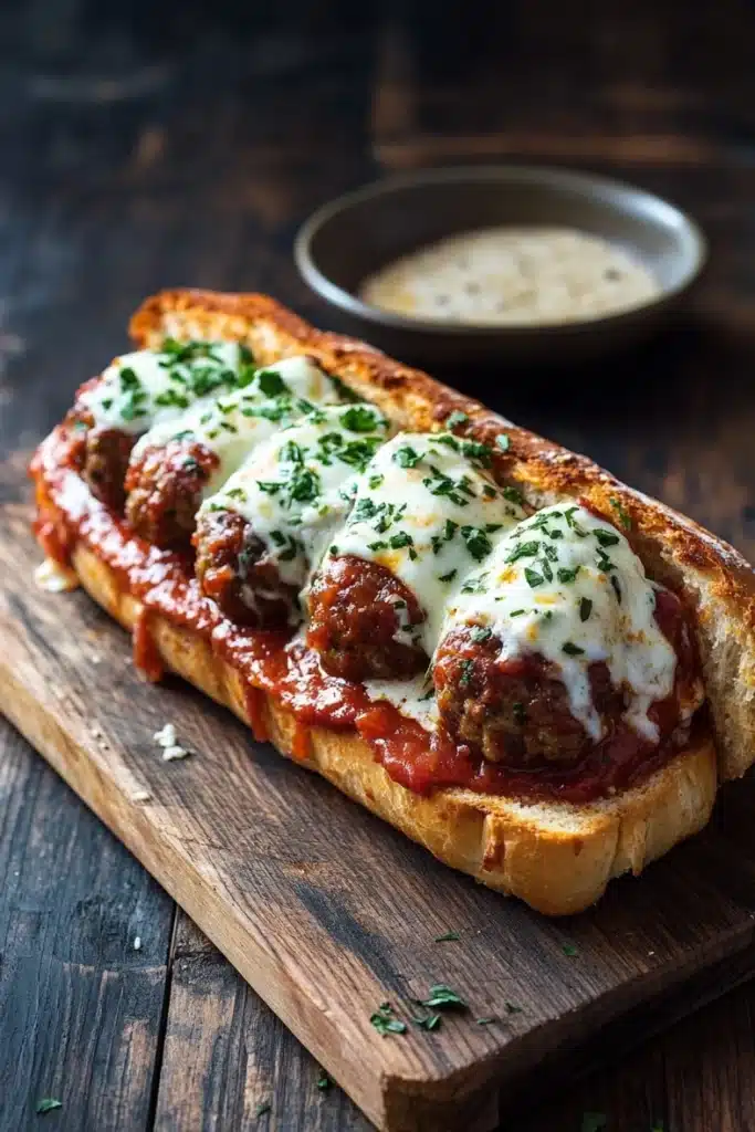 Garlic bread meatball subs - the image shows a wooden cutting board with a slice of bread on it. on top of the bread, there are three meatballs covered in a red sauce and topped with melted cheese and fresh herbs. the bread appears to be toasted and has a golden brown crust. in the background, there is a small bowl of creamy sauce and a few sprigs of parsley scattered around the cutting board. the overall mood of the image is rustic and appetizing.