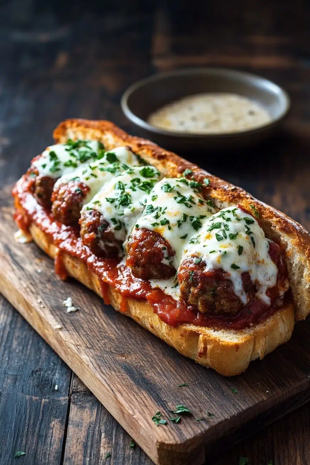 Garlic bread meatball subs - the image shows a wooden cutting board with a slice of bread on it. on top of the bread, there are three meatballs covered in a red sauce and topped with melted cheese and fresh herbs. the bread appears to be toasted and has a golden brown crust. in the background, there is a small bowl of creamy sauce and a few sprigs of parsley scattered around the cutting board. the overall mood of the image is rustic and appetizing.
