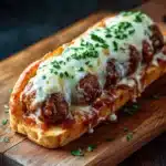 Garlic bread meatball subs - the image shows a long, rectangular piece of bread on a wooden cutting board. the bread appears to be freshly baked and has a golden brown crust. on top of the bread, there is a layer of melted cheese and a generous amount of tomato sauce. the cheese is drizzled over the top and is garnished with chopped parsley. the background is dark and out of focus, making the bread the focal point of the image.