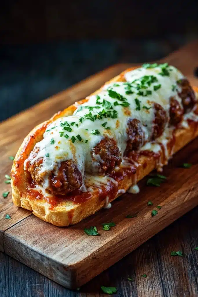 Garlic bread meatball subs - the image shows a long, rectangular piece of bread on a wooden cutting board. the bread appears to be freshly baked and has a golden brown crust. on top of the bread, there is a layer of melted cheese and a generous amount of tomato sauce. the cheese is drizzled over the top and is garnished with chopped parsley. the background is dark and out of focus, making the bread the focal point of the image.