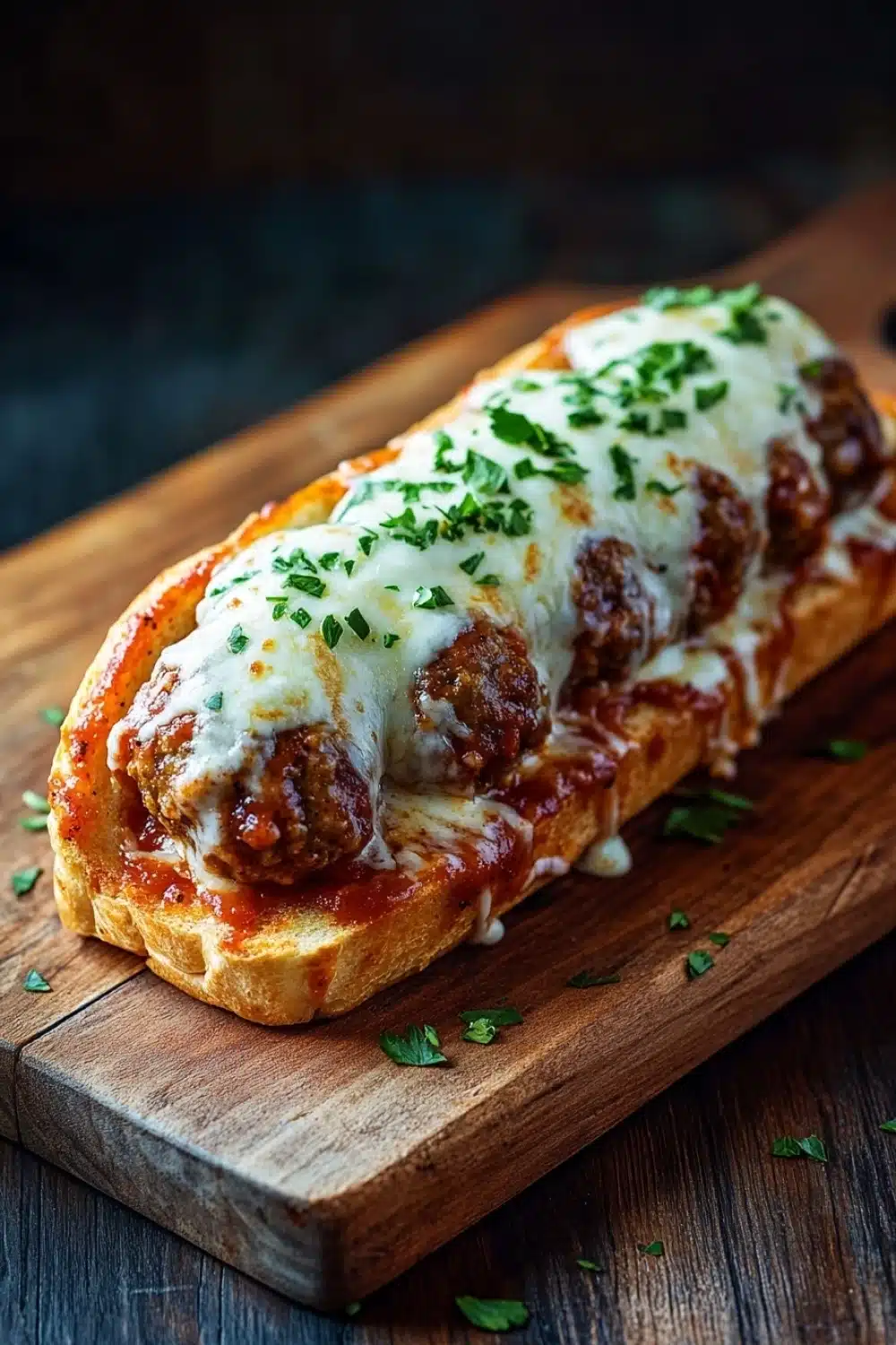 Garlic bread meatball subs - the image shows a long, rectangular piece of bread on a wooden cutting board. the bread appears to be freshly baked and has a golden brown crust. on top of the bread, there is a layer of melted cheese and a generous amount of tomato sauce. the cheese is drizzled over the top and is garnished with chopped parsley. the background is dark and out of focus, making the bread the focal point of the image.