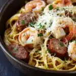 Garlic butter shrimp and sausage pasta skillet - the image is a close-up of a bowl of pasta dish. the pasta appears to be fettuccine alfredo, with chunks of sausage and shrimp mixed in. the dish is garnished with grated parmesan cheese and fresh parsley. the bowl is made of dark brown ceramic and is sitting on a dark wooden table. the background is blurred, but it seems to be a kitchen countertop with a few sprigs of parsley scattered around.