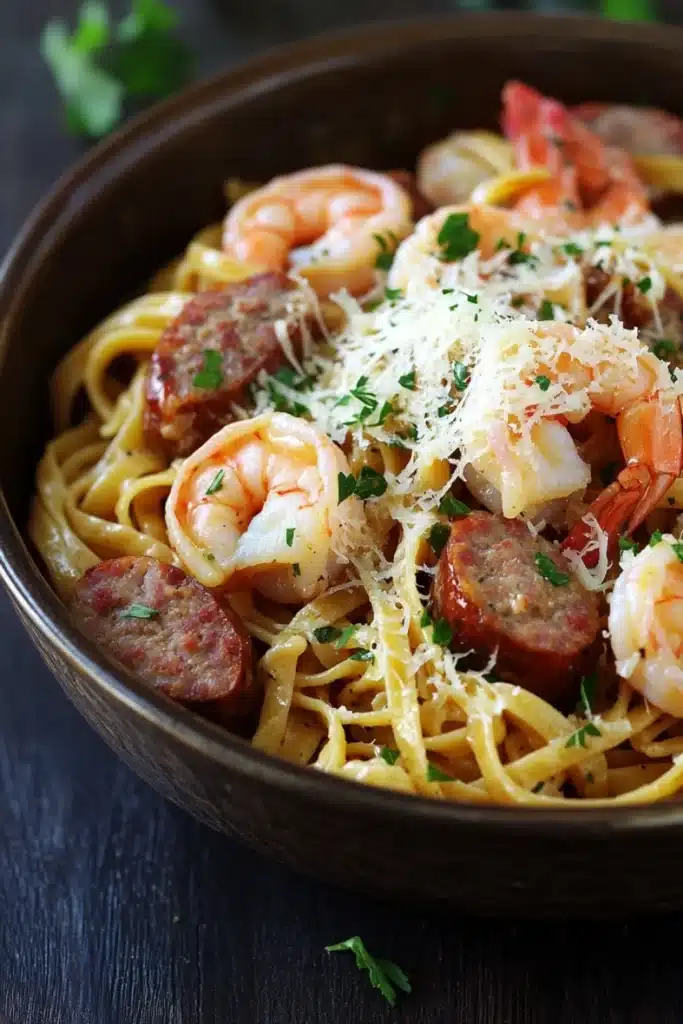 Garlic butter shrimp and sausage pasta skillet - the image is a close-up of a bowl of pasta dish. the pasta appears to be fettuccine alfredo, with chunks of sausage and shrimp mixed in. the dish is garnished with grated parmesan cheese and fresh parsley. the bowl is made of dark brown ceramic and is sitting on a dark wooden table. the background is blurred, but it seems to be a kitchen countertop with a few sprigs of parsley scattered around.