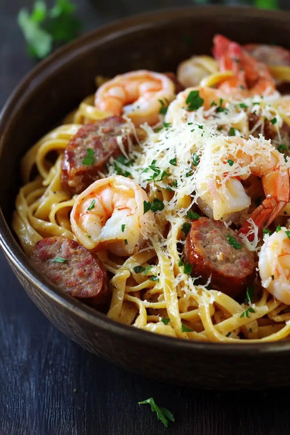 Garlic butter shrimp and sausage pasta skillet - the image is a close-up of a bowl of pasta dish. the pasta appears to be fettuccine alfredo, with chunks of sausage and shrimp mixed in. the dish is garnished with grated parmesan cheese and fresh parsley. the bowl is made of dark brown ceramic and is sitting on a dark wooden table. the background is blurred, but it seems to be a kitchen countertop with a few sprigs of parsley scattered around.