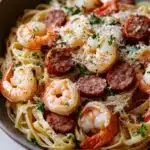 Garlic butter shrimp and sausage pasta skillet - the image shows a bowl of spaghetti with shrimp and sausage. the spaghetti is cooked al dente and is topped with a generous amount of grated parmesan cheese. the shrimp are large and pink, and they are arranged in a circular pattern on top of the spaghetti. the sausage is small and round, and it appears to be seasoned with herbs and spices. the dish is garnished with chopped parsley, adding a pop of green color to the dish. the bowl is sitting on a white tablecloth, and there is a spoon resting on the side of the bowl.