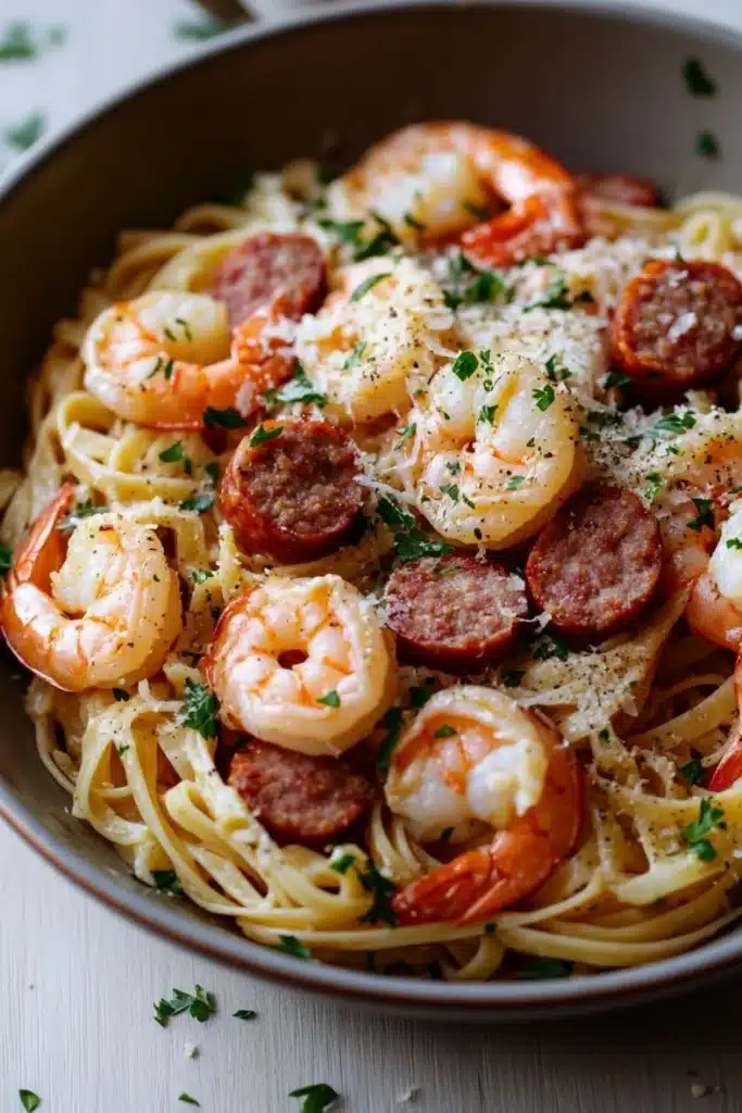 Garlic butter shrimp and sausage pasta skillet - the image shows a bowl of spaghetti with shrimp and sausage. the spaghetti is cooked al dente and is topped with a generous amount of grated parmesan cheese. the shrimp are large and pink, and they are arranged in a circular pattern on top of the spaghetti. the sausage is small and round, and it appears to be seasoned with herbs and spices. the dish is garnished with chopped parsley, adding a pop of green color to the dish. the bowl is sitting on a white tablecloth, and there is a spoon resting on the side of the bowl.