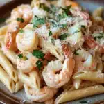 Garlic butter shrimp penne - the image shows a plate of pasta dish with shrimp and parmesan cheese. the pasta appears to be penne, which is a type of penne pasta, and is cooked al dente. the shrimp are cooked medium-sized and are arranged in a pile on top of the pasta. the dish is garnished with chopped parsley and a sprinkle of grated cheese on top. the plate is brown and is sitting on a wooden table. in the background, there is a block of cheese and a napkin.