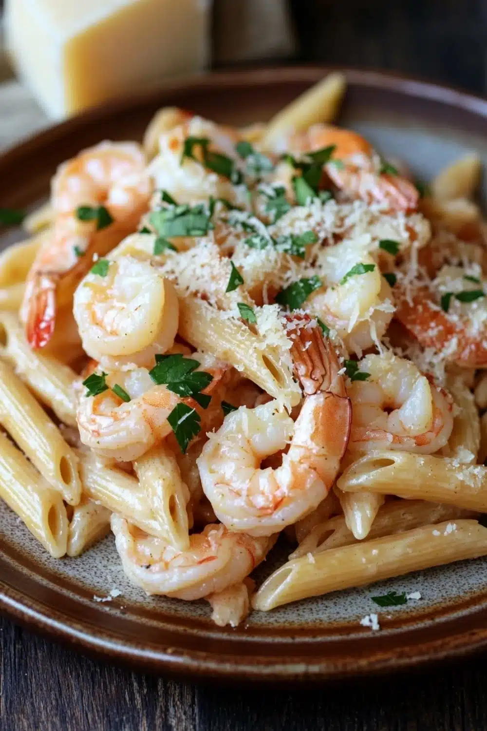 Garlic butter shrimp penne - the image shows a plate of pasta dish with shrimp and parmesan cheese. the pasta appears to be penne, which is a type of penne pasta, and is cooked al dente. the shrimp are cooked medium-sized and are arranged in a pile on top of the pasta. the dish is garnished with chopped parsley and a sprinkle of grated cheese on top. the plate is brown and is sitting on a wooden table. in the background, there is a block of cheese and a napkin.