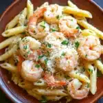 Garlic butter shrimp penne - the image shows a plate of pasta dish with shrimp and parmesan cheese. the pasta appears to be penne, which is a type of penne pasta, and is cooked al dente. the shrimp are large and pink, and they are arranged in a circular pattern on top of the pasta. the dish is garnished with chopped parsley, adding a pop of green color to the dish. the plate is made of terracotta and is sitting on a dark grey countertop. there are a few sprigs of parsley scattered around the plate.