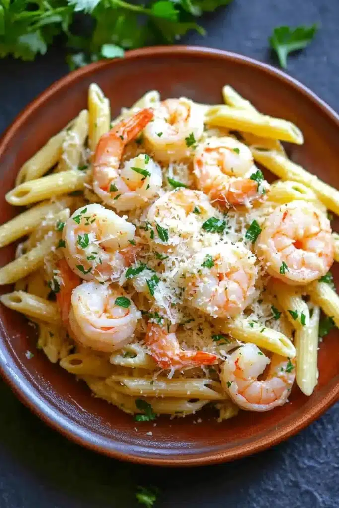 Garlic butter shrimp penne - the image shows a plate of pasta dish with shrimp and parmesan cheese. the pasta appears to be penne, which is a type of penne pasta, and is cooked al dente. the shrimp are large and pink, and they are arranged in a circular pattern on top of the pasta. the dish is garnished with chopped parsley, adding a pop of green color to the dish. the plate is made of terracotta and is sitting on a dark grey countertop. there are a few sprigs of parsley scattered around the plate.