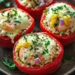 Garlic butter shrimp stuffed peppers - the image shows four red bell peppers on a brown plate. the peppers are stuffed with a mixture of quinoa, shrimp, and other ingredients. the quinoa is golden brown and appears to be seasoned with herbs and spices. the shrimp are cooked medium-rare and are arranged in a circular pattern on top of the quinoa. the dish is garnished with chopped parsley. the plate is sitting on a dark blue tablecloth with a few sprigs of parsley scattered around.