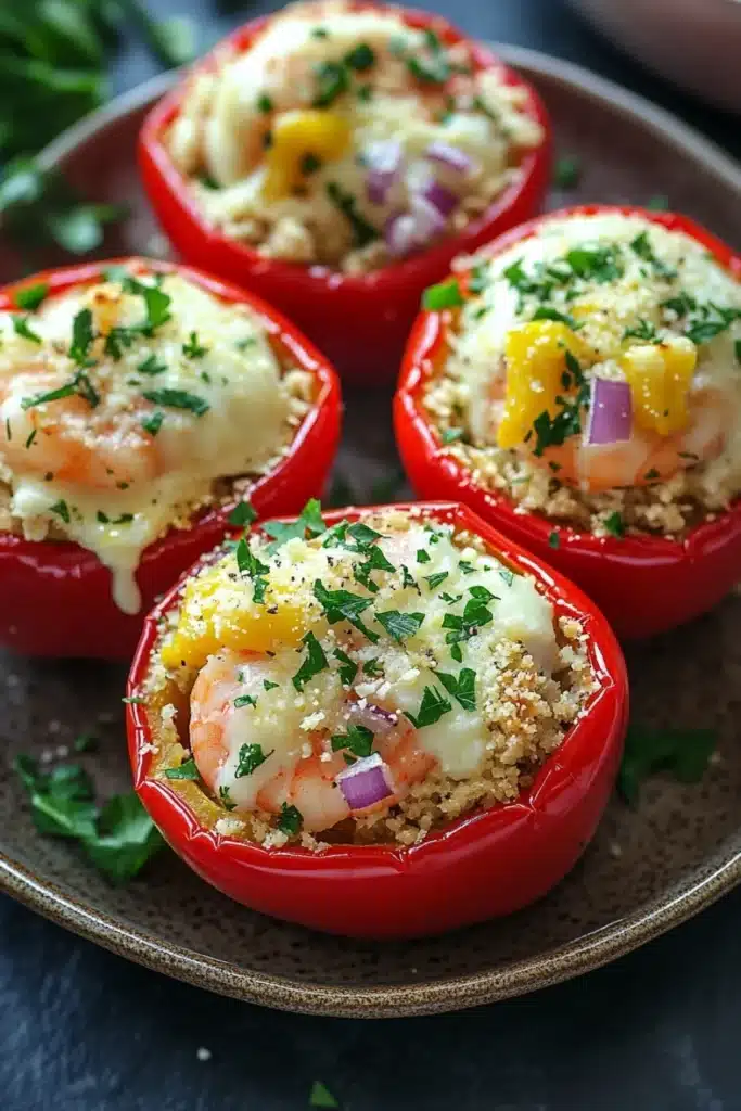 Garlic butter shrimp stuffed peppers - the image shows four red bell peppers on a brown plate. the peppers are stuffed with a mixture of quinoa, shrimp, and other ingredients. the quinoa is golden brown and appears to be seasoned with herbs and spices. the shrimp are cooked medium-rare and are arranged in a circular pattern on top of the quinoa. the dish is garnished with chopped parsley. the plate is sitting on a dark blue tablecloth with a few sprigs of parsley scattered around.