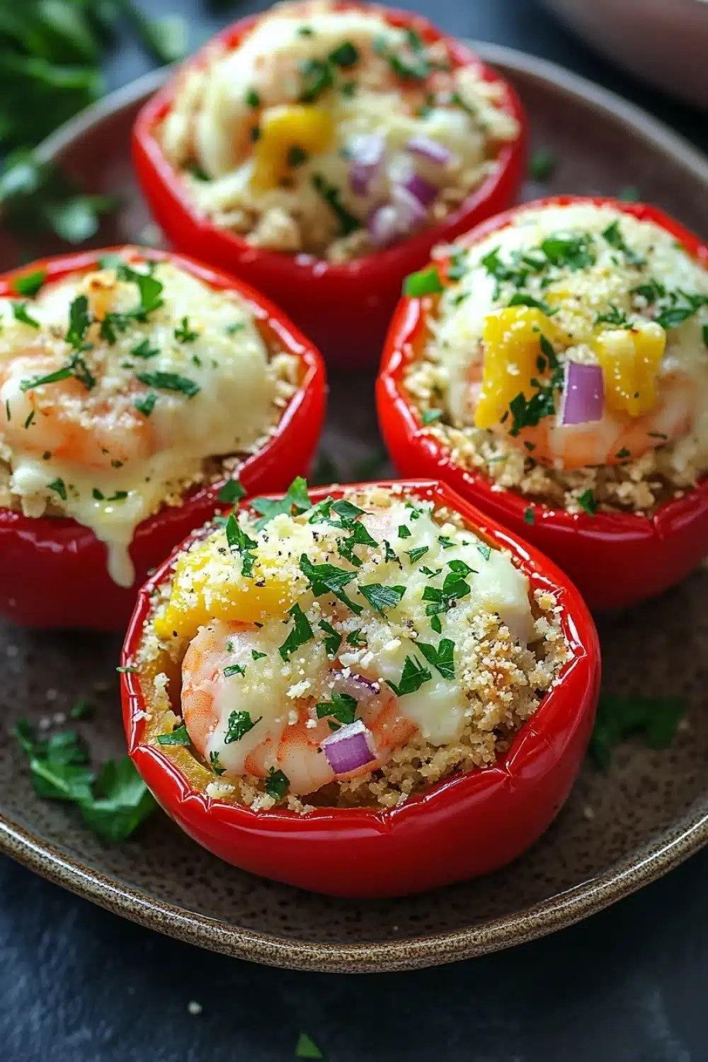 Garlic butter shrimp stuffed peppers - the image shows four red bell peppers on a brown plate. the peppers are stuffed with a mixture of quinoa, shrimp, and other ingredients. the quinoa is golden brown and appears to be seasoned with herbs and spices. the shrimp are cooked medium-rare and are arranged in a circular pattern on top of the quinoa. the dish is garnished with chopped parsley. the plate is sitting on a dark blue tablecloth with a few sprigs of parsley scattered around.
