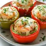 Garlic butter shrimp stuffed peppers - the image shows a plate of four stuffed bell peppers. the peppers are red and green in color and are arranged in a circular pattern on a white plate. each bell pepper has a layer of melted cheese on top, which is garnished with chopped parsley. the cheese appears to be melted and bubbly, and the peppers are stuffed with a mixture of herbs and spices. the plate is sitting on a marble countertop, and there is a sprig of parsley in the background.