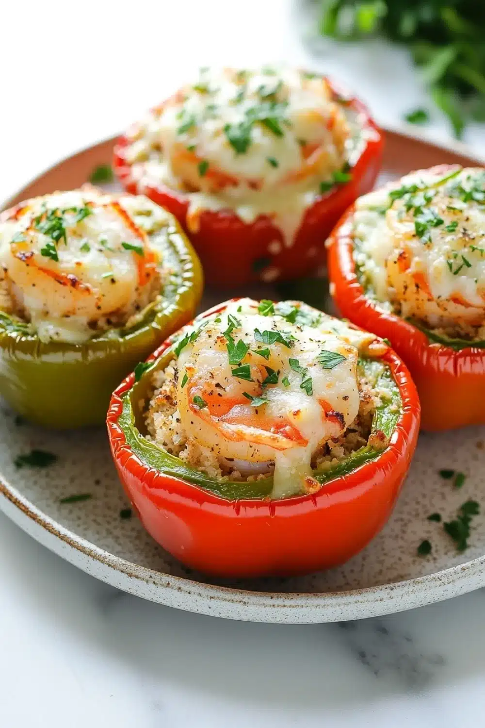 Garlic butter shrimp stuffed peppers - the image shows a plate of four stuffed bell peppers. the peppers are red and green in color and are arranged in a circular pattern on a white plate. each bell pepper has a layer of melted cheese on top, which is garnished with chopped parsley. the cheese appears to be melted and bubbly, and the peppers are stuffed with a mixture of herbs and spices. the plate is sitting on a marble countertop, and there is a sprig of parsley in the background.