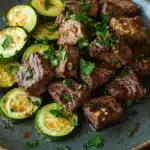 Garlic butter steak bites and zucchini - the image shows a plate of grilled steak and zucchini. the steak is cooked medium-rare and has a golden brown crust on the outside. it is garnished with chopped parsley and a sprinkle of herbs. the zucchinis are sliced and arranged in a circular pattern on the plate. the plate is made of dark blue ceramic and is placed on a wooden table. the overall presentation of the dish is appetizing and visually appealing.