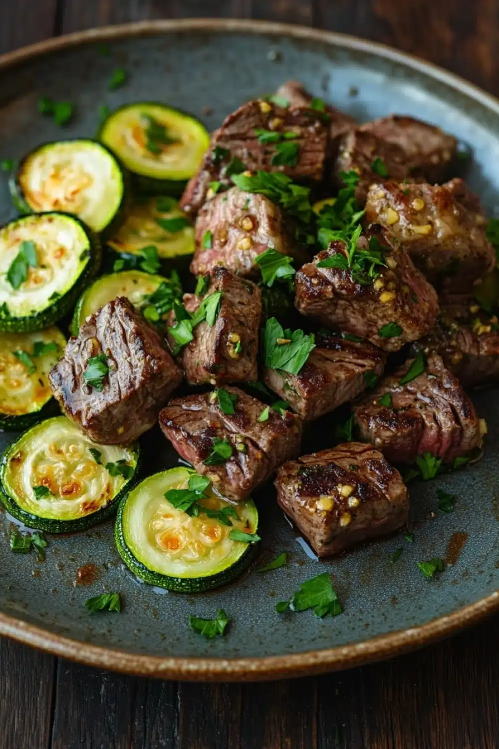 Garlic butter steak bites and zucchini - the image shows a plate of grilled steak and zucchini. the steak is cooked medium-rare and has a golden brown crust on the outside. it is garnished with chopped parsley and a sprinkle of herbs. the zucchinis are sliced and arranged in a circular pattern on the plate. the plate is made of dark blue ceramic and is placed on a wooden table. the overall presentation of the dish is appetizing and visually appealing.