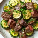 Garlic butter steak bites and zucchini - the image is a close-up of a plate of food. the plate is white with a speckled pattern and is placed on a white marble countertop. on the plate, there are several pieces of grilled steak and zucchini arranged in a circular pattern. the steak appears to be cooked medium-rare and has a pinkish-red color. the zucchinis are sliced and have a yellowish-green color, while the meat is a darker shade of pink. there are also a few sprigs of parsley scattered throughout the plate. the overall presentation of the dish is appetizing and visually appealing.