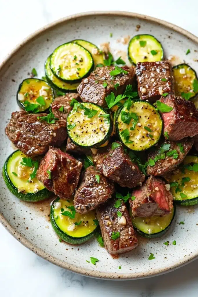 Garlic butter steak bites and zucchini - the image is a close-up of a plate of food. the plate is white with a speckled pattern and is placed on a white marble countertop. on the plate, there are several pieces of grilled steak and zucchini arranged in a circular pattern. the steak appears to be cooked medium-rare and has a pinkish-red color. the zucchinis are sliced and have a yellowish-green color, while the meat is a darker shade of pink. there are also a few sprigs of parsley scattered throughout the plate. the overall presentation of the dish is appetizing and visually appealing.