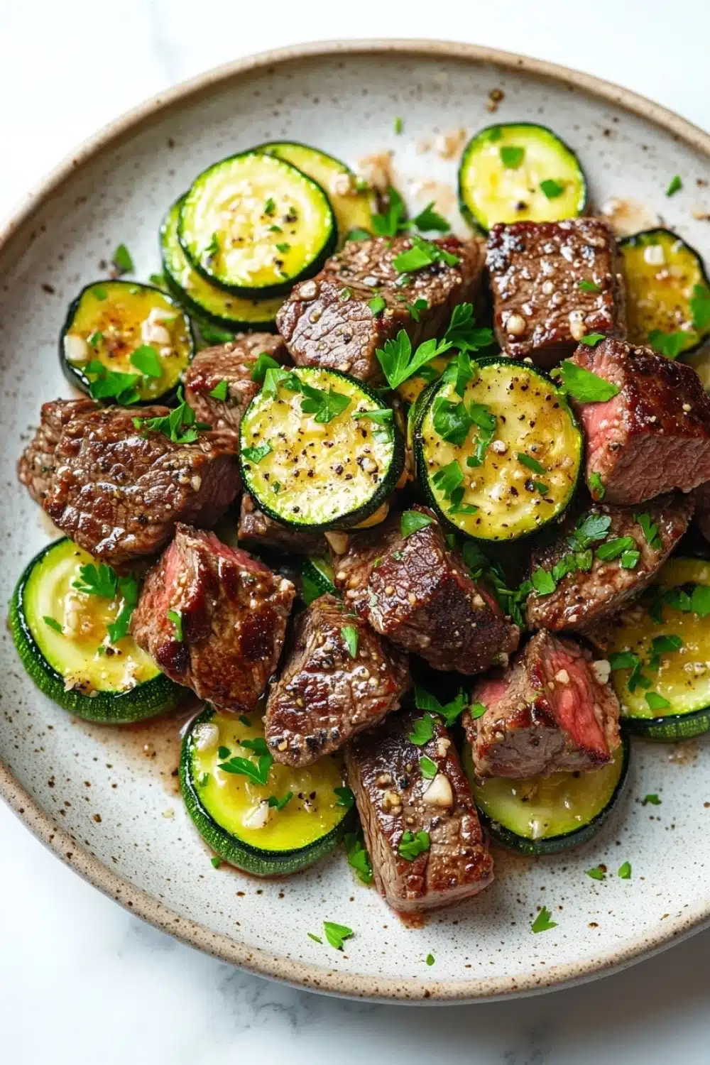 Garlic butter steak bites and zucchini - the image is a close-up of a plate of food. the plate is white with a speckled pattern and is placed on a white marble countertop. on the plate, there are several pieces of grilled steak and zucchini arranged in a circular pattern. the steak appears to be cooked medium-rare and has a pinkish-red color. the zucchinis are sliced and have a yellowish-green color, while the meat is a darker shade of pink. there are also a few sprigs of parsley scattered throughout the plate. the overall presentation of the dish is appetizing and visually appealing.