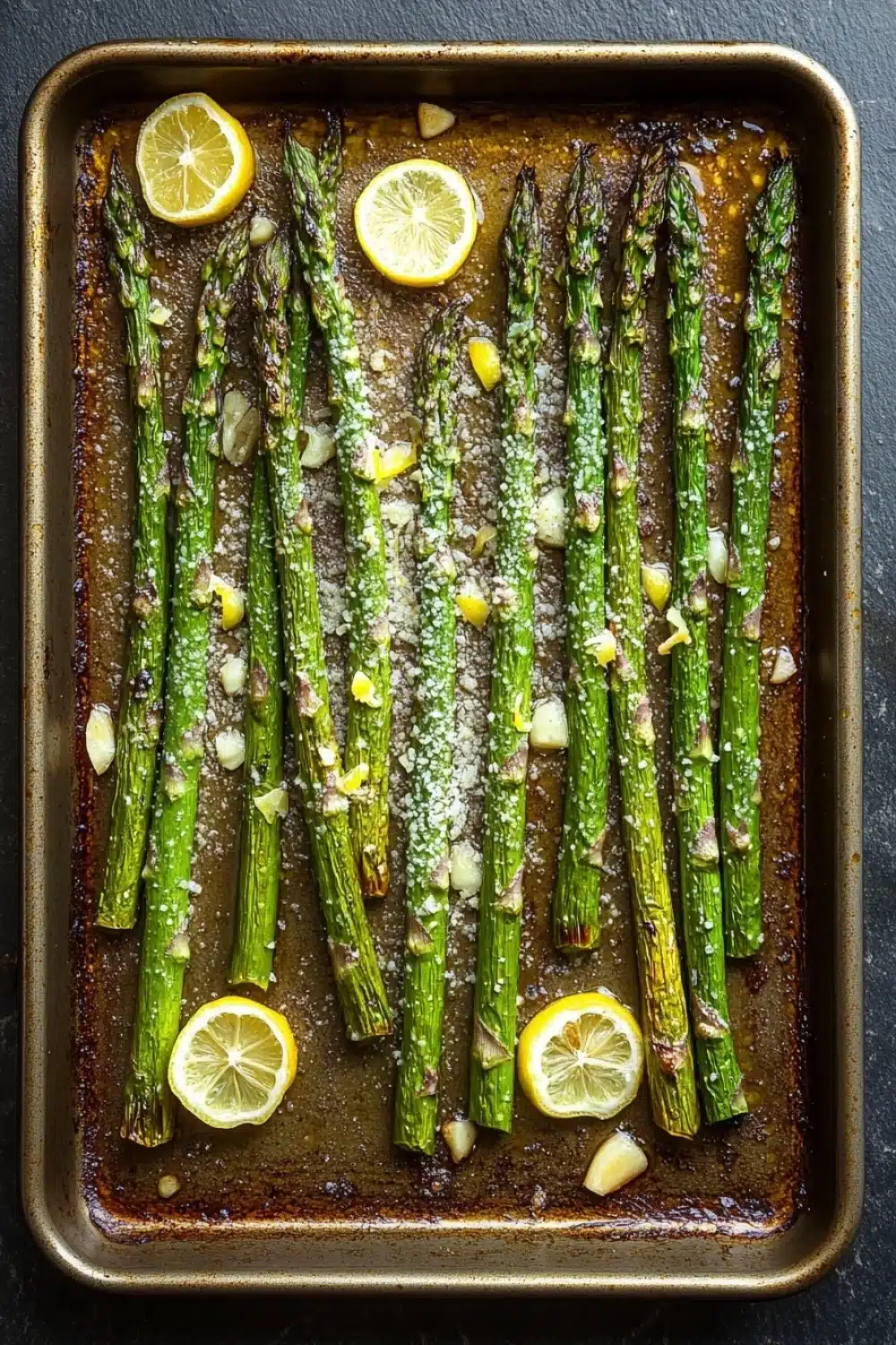 Garlic parmesan roasted asparagus - the image shows a baking tray filled with cooked asparagus spears. the spears are arranged in a single layer on the tray, with some of them overlapping each other. the tray is lined with parchment paper and there are several lemon wedges scattered around the tray. the background is a dark grey countertop. the overall appearance of the dish is fresh and appetizing.