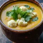 Ginger turmeric cauliflower soup - the image is a close-up of a bowl of soup on a wooden table. the soup appears to be a creamy orange color with chunks of cauliflower scattered throughout. the bowl is made of ceramic and has a brown rim. there are a few sprigs of fresh cilantro on top of the soup, adding a pop of green color to the dish. the background is blurred, making the bowl the focal point of the image.