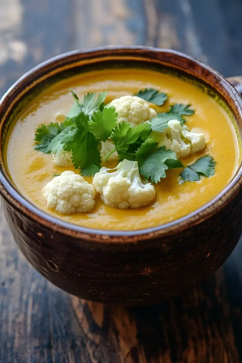 Ginger turmeric cauliflower soup - the image is a close-up of a bowl of soup on a wooden table. the soup appears to be a creamy orange color with chunks of cauliflower scattered throughout. the bowl is made of ceramic and has a brown rim. there are a few sprigs of fresh cilantro on top of the soup, adding a pop of green color to the dish. the background is blurred, making the bowl the focal point of the image.
