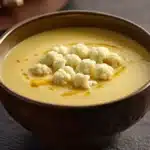 Ginger turmeric cauliflower soup - the image is a close-up of a bowl of soup. the soup appears to be a creamy yellow color and has a smooth texture. on top of the soup, there are small pieces of cauliflower arranged in a circular pattern. the bowl is made of dark brown ceramic and is sitting on a dark grey surface. in the background, there is a wooden plate with a few pieces of ginger on it. the overall mood of the image is warm and inviting.