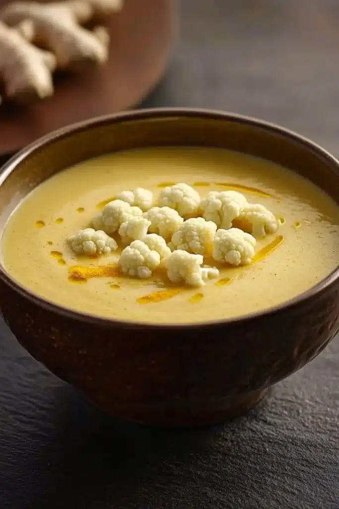 Ginger turmeric cauliflower soup - the image is a close-up of a bowl of soup. the soup appears to be a creamy yellow color and has a smooth texture. on top of the soup, there are small pieces of cauliflower arranged in a circular pattern. the bowl is made of dark brown ceramic and is sitting on a dark grey surface. in the background, there is a wooden plate with a few pieces of ginger on it. the overall mood of the image is warm and inviting.