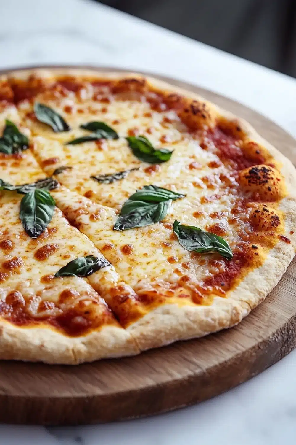 Gluten free pizza crust caputo - the image is of a freshly baked pizza on a wooden cutting board. the pizza has a golden brown crust and is topped with melted cheese and fresh basil leaves. the cheese is golden brown and appears to be melted and bubbly. the basil leaves are scattered across the top of the pizza, adding a pop of green color to the dish. the cutting board is placed on a white marble countertop.