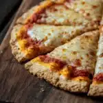 Gluten free pizza crust caputo - the image shows a slice of pizza on a wooden cutting board. the pizza has a golden brown crust and is topped with melted cheese and tomato sauce. the cheese is melted and bubbly, and the tomato sauce is a deep red color. the cutting board is dark and has a rustic appearance. the background is blurred, but it appears to be a kitchen countertop.