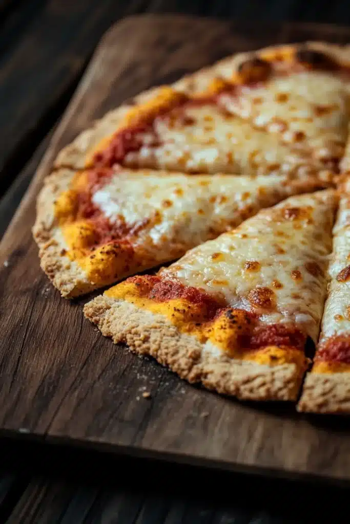 Gluten free pizza crust caputo - the image shows a slice of pizza on a wooden cutting board. the pizza has a golden brown crust and is topped with melted cheese and tomato sauce. the cheese is melted and bubbly, and the tomato sauce is a deep red color. the cutting board is dark and has a rustic appearance. the background is blurred, but it appears to be a kitchen countertop.