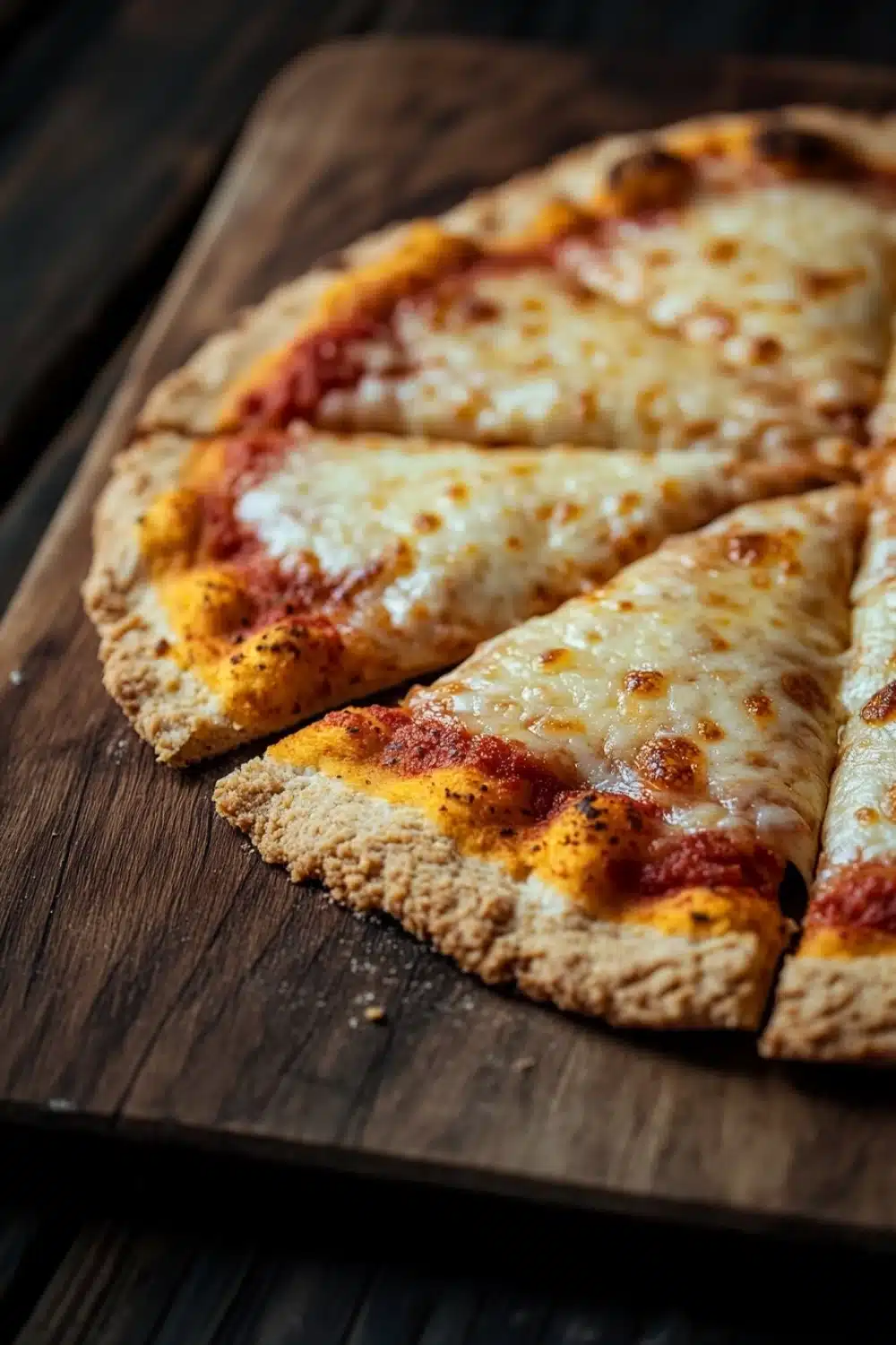 Gluten free pizza crust caputo - the image shows a slice of pizza on a wooden cutting board. the pizza has a golden brown crust and is topped with melted cheese and tomato sauce. the cheese is melted and bubbly, and the tomato sauce is a deep red color. the cutting board is dark and has a rustic appearance. the background is blurred, but it appears to be a kitchen countertop.