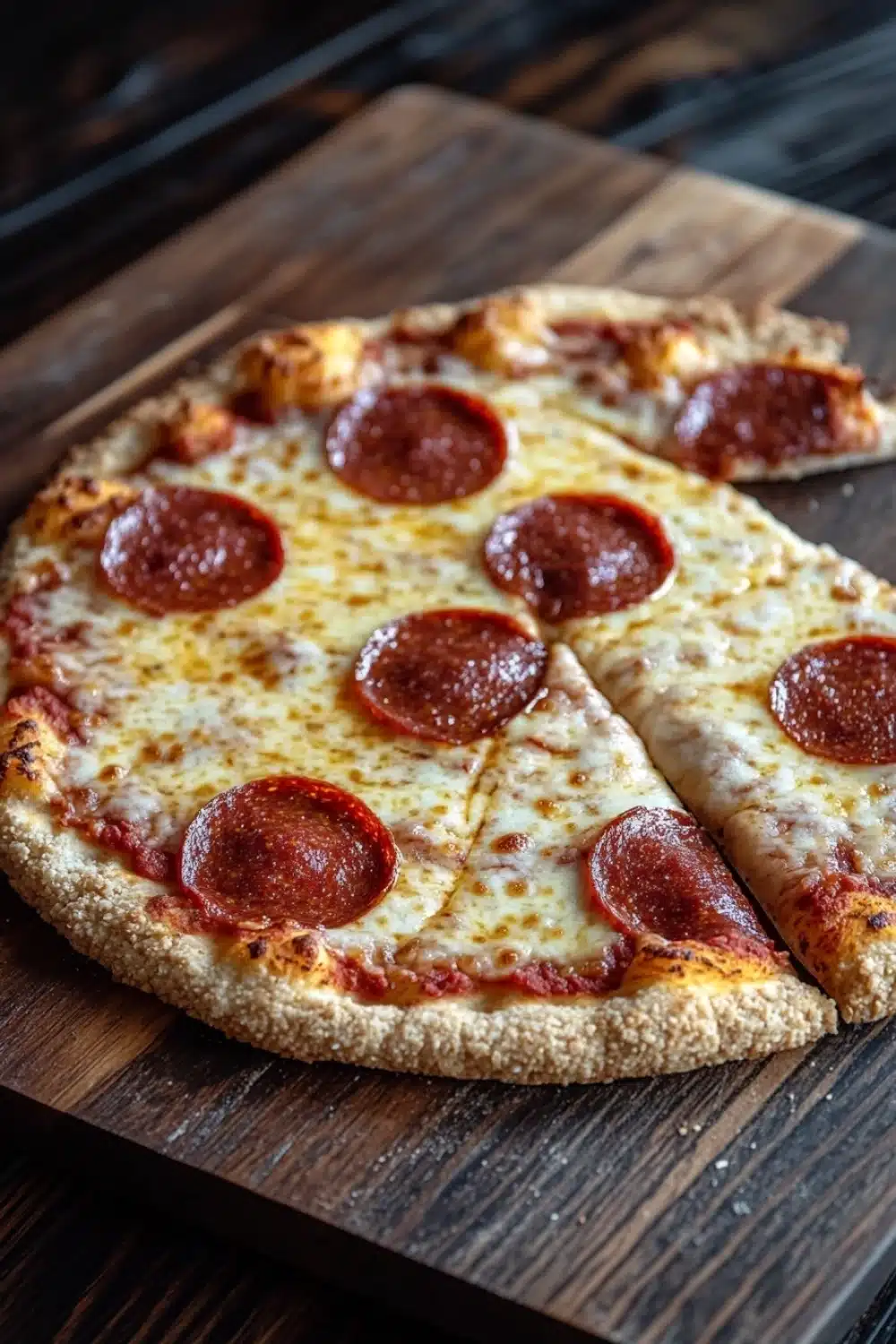 Gluten free pizza crust psyllium husk - the image shows a pepperoni pizza on a wooden cutting board. the pizza is round and has a golden brown crust. it is topped with melted cheese and several slices of pepperoni arranged in a circular pattern. the pepperoni is red and appears to be freshly baked. the cutting board is placed on a dark wooden table with a rustic background.