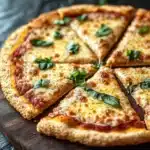 Gluten free pizza crust psyllium husk - the image shows a freshly baked pizza on a wooden cutting board. the pizza has a golden brown crust and is topped with melted cheese and fresh basil leaves. the cheese is melted and bubbly, and the basil leaves are scattered around the edges of the pizza. the background is a dark grey textured surface, and there are a few sprigs of fresh basil scattered around. the overall mood of the image is rustic and appetizing.