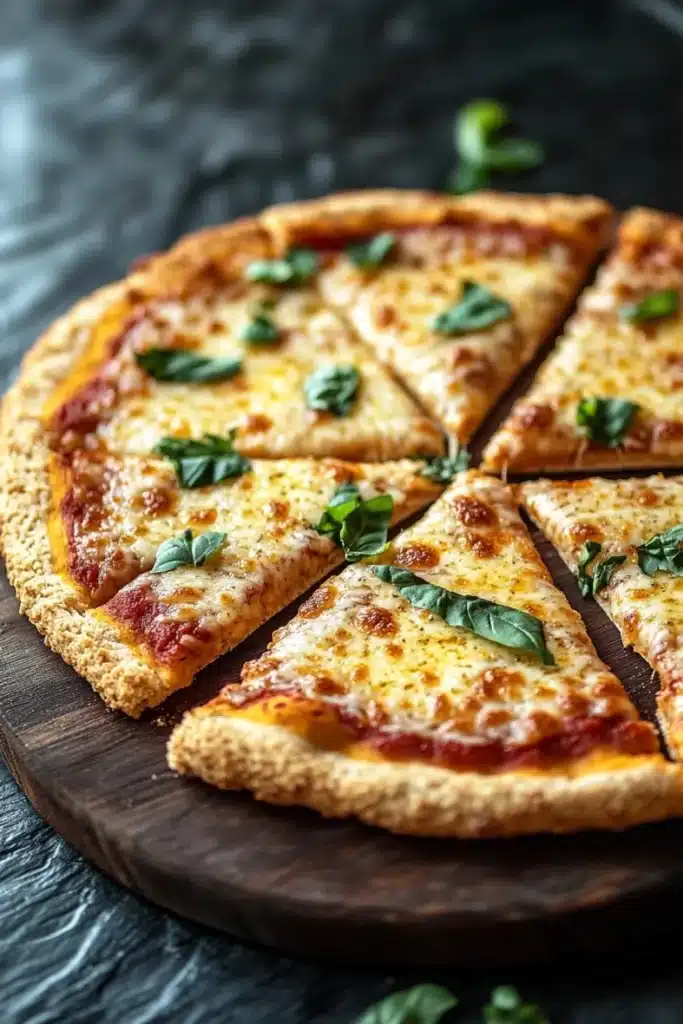 Gluten free pizza crust psyllium husk - the image shows a freshly baked pizza on a wooden cutting board. the pizza has a golden brown crust and is topped with melted cheese and fresh basil leaves. the cheese is melted and bubbly, and the basil leaves are scattered around the edges of the pizza. the background is a dark grey textured surface, and there are a few sprigs of fresh basil scattered around. the overall mood of the image is rustic and appetizing.