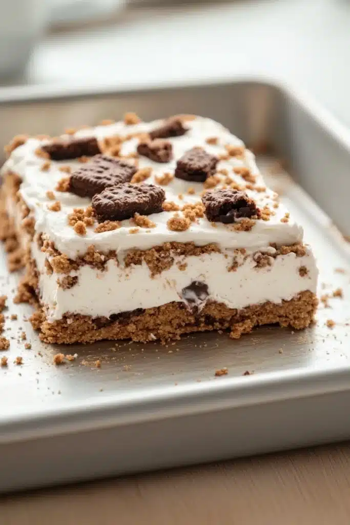 Graham bar cookie and cream - the image shows a slice of ice cream cake on a white rectangular baking tray. the cake has a layer of white frosting on top, with a crumbly texture on the sides. the frosting is drizzled over the top of the cake, and there are small chocolate chips scattered around the edges. the tray is sitting on a wooden table, and the background is blurred.