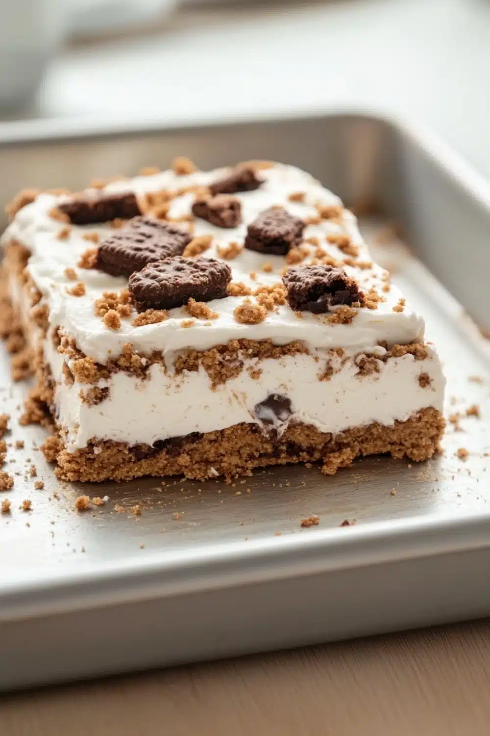 Graham bar cookie and cream - the image shows a slice of ice cream cake on a white rectangular baking tray. the cake has a layer of white frosting on top, with a crumbly texture on the sides. the frosting is drizzled over the top of the cake, and there are small chocolate chips scattered around the edges. the tray is sitting on a wooden table, and the background is blurred.