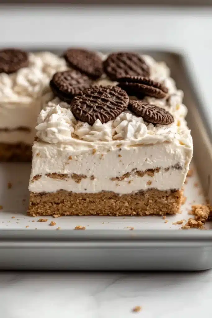 Graham bar cookie and cream - the image shows a slice of oreo cheesecake on a white rectangular baking tray. the cheesecake has a golden brown crust and is topped with a generous layer of whipped cream. there are several oreo cookies scattered on top of the cheesecake, adding a pop of color to the dish. the tray is sitting on a marble countertop.