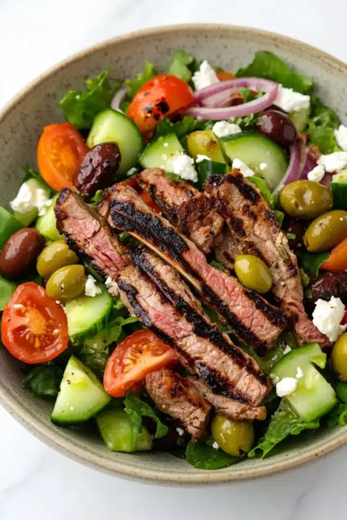 Greek salad with lamb - the image is a close-up of a salad in a bowl. the salad is made up of various types of vegetables, including lettuce, cherry tomatoes, cucumbers, olives, red onions, and feta cheese. in the center of the salad, there are slices of grilled steak arranged in a circular pattern. the steak appears to be seasoned with herbs and spices, and the vegetables are cooked to perfection. the bowl is made of light-colored ceramic and is sitting on a white marble countertop.