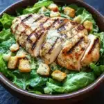 Grilled chicken caesar salad - the image is a close-up of a bowl of salad. the salad is made up of green lettuce leaves and is topped with grilled chicken breasts. the chicken breasts are golden brown and appear to be seasoned with herbs and spices. there are also croutons scattered throughout the salad, adding a crunchy texture. the bowl is made of dark brown ceramic and is sitting on a dark blue tablecloth.