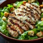 Grilled chicken caesar salad - the image is a close-up of a salad in a brown bowl. the salad is made up of lettuce leaves and croutons, and there are several pieces of grilled chicken arranged in a circular pattern on top. the chicken appears to be seasoned with herbs and spices, and is drizzled with grated parmesan cheese. the bowl is sitting on a wooden table, and the background is blurred, making the salad the focal point of the image.